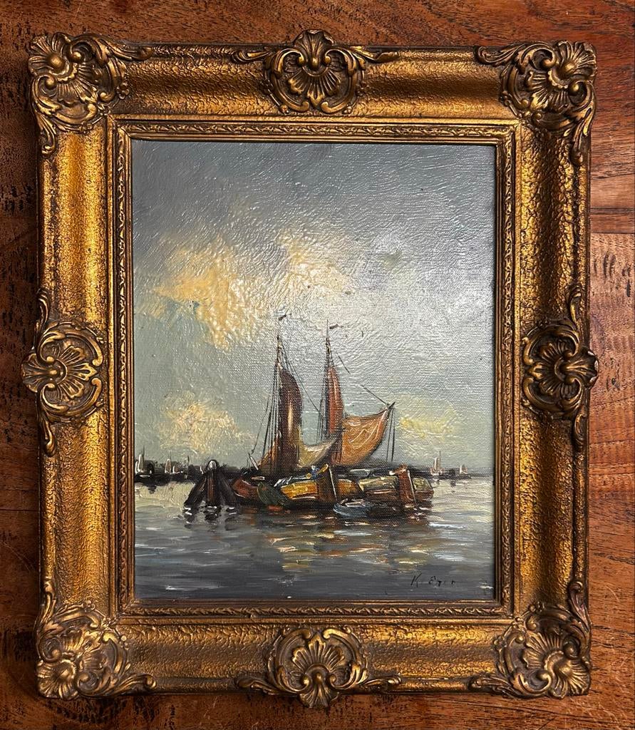 Olieverfschilderij: Vissersboten in Rustige Haven, Ophalen of Verzenden
