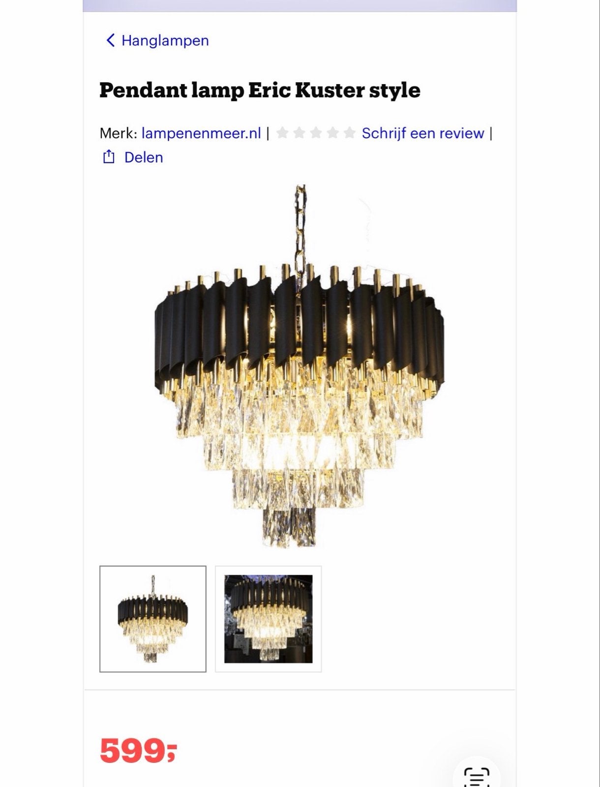 2 Luxe Kroonluchter Eric Kuster - Zwart/Goud met Kristal, Ophalen of Verzenden, Zo goed als nieuw, Metaal, Overige fittingen