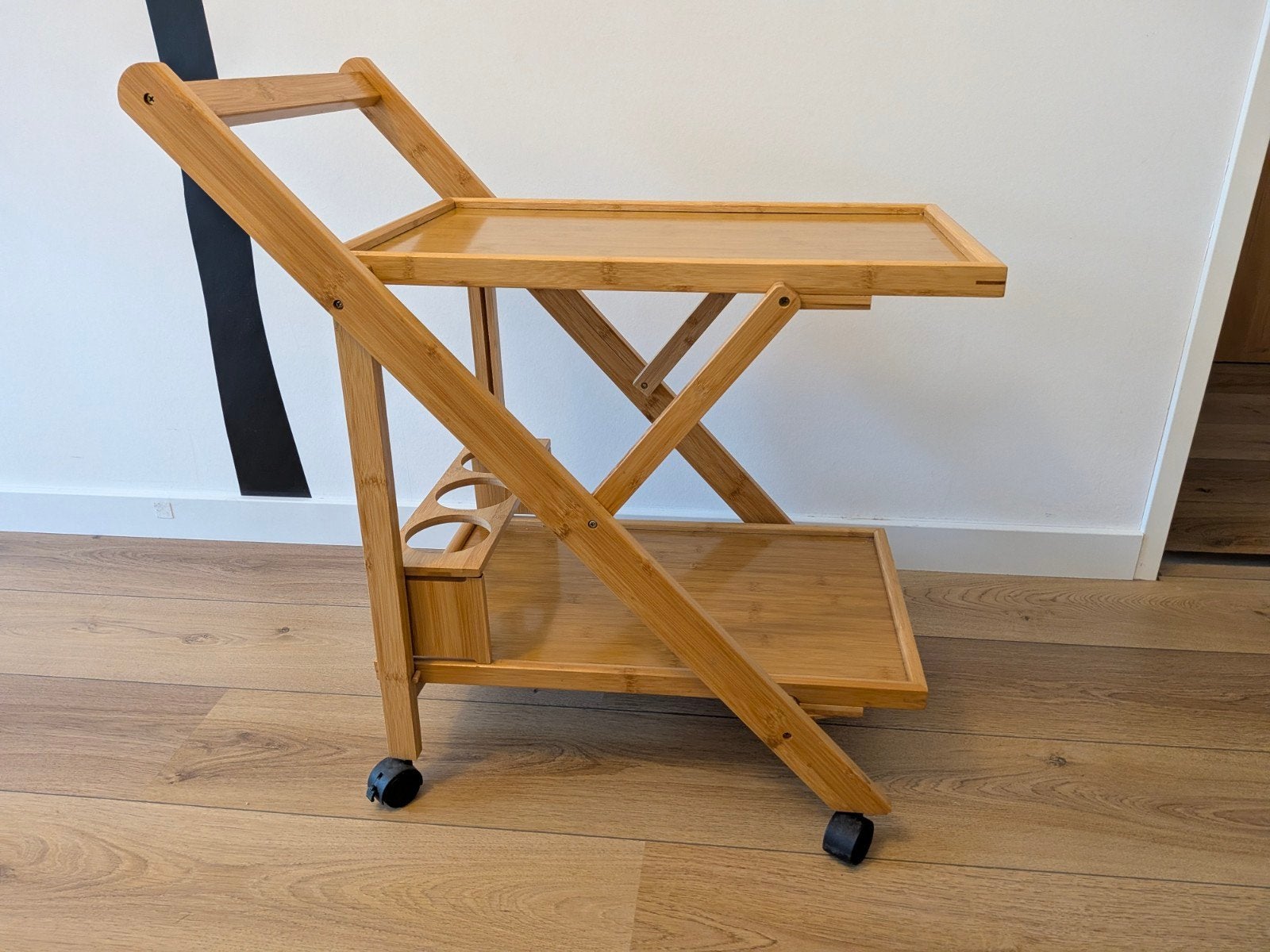 Inklapbare serveerwagen van bamboe met wielen, Ophalen, Hout, Gebruikt, Modern