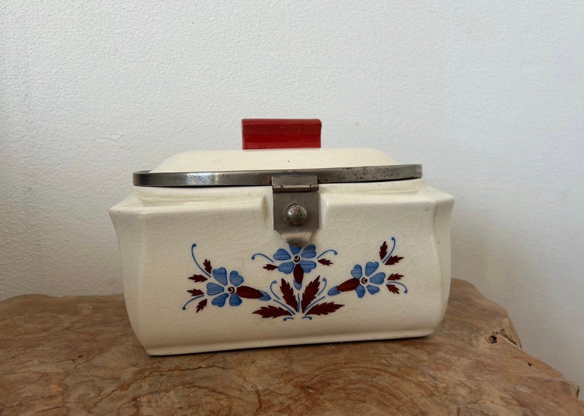 Art deco franse aardewerken koekjespot /bakelieten handvat, Ophalen of Verzenden