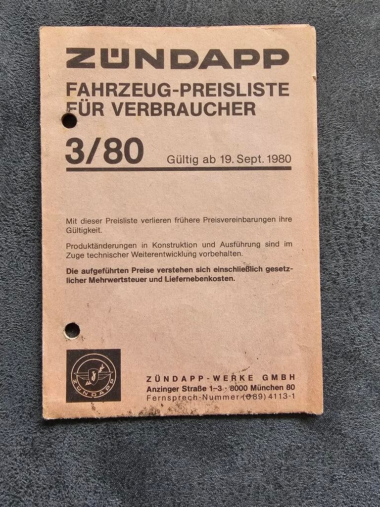 ZUNDAPP PRIJSLIJST UIT MAART 1980 ORIGINEEL, Fietsen en Brommers, Ophalen of Verzenden, Gebruikt