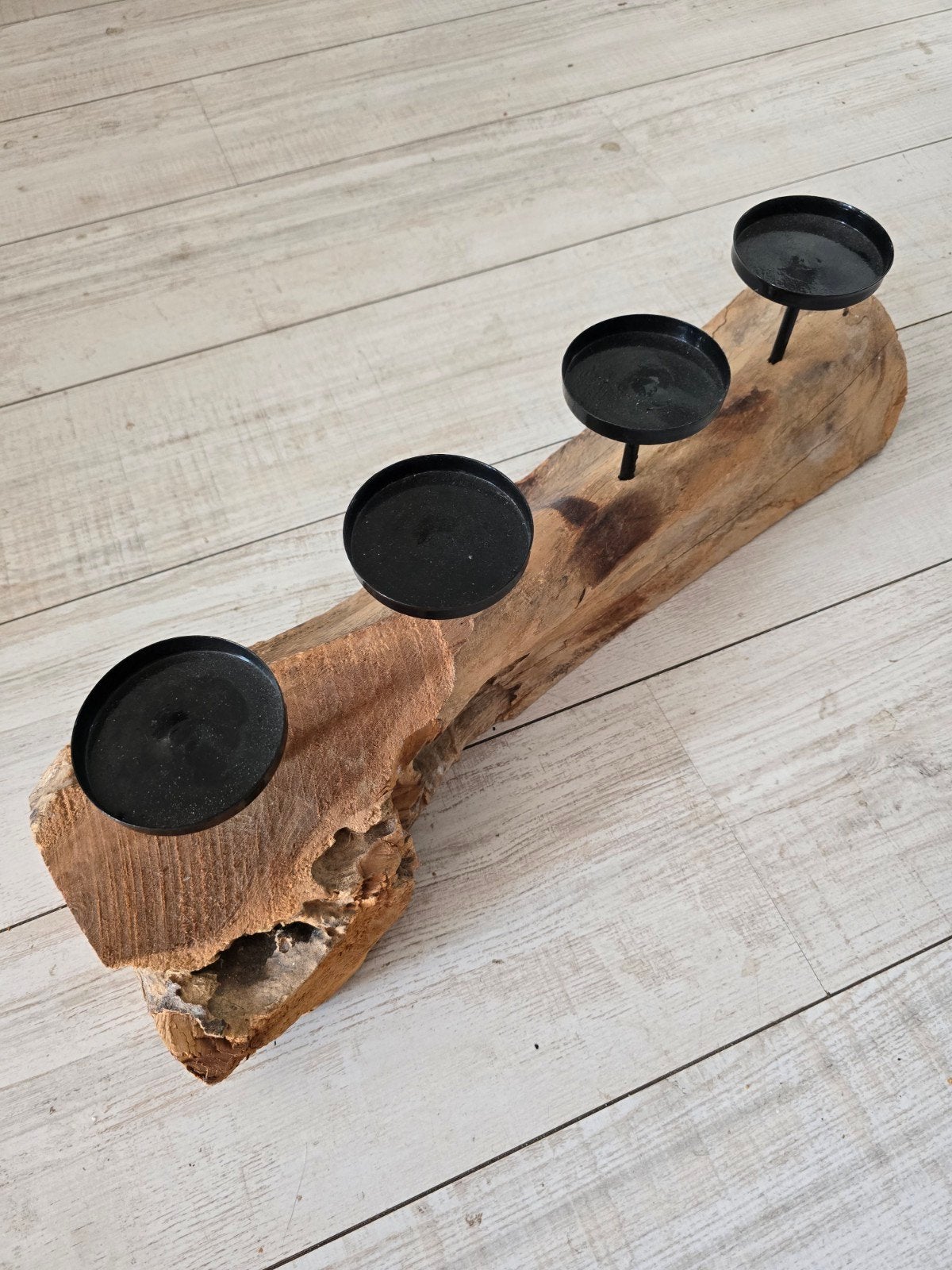 Unieke houten kandelaar met 4 theelichthouders, Ophalen, Gebruikt, Bruin, Overige merken