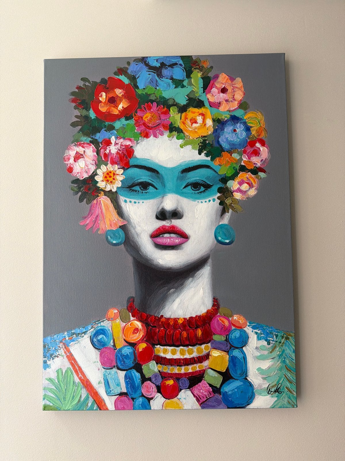 Modern schilderij: Vrouw met bloemen en kleurrijke sieraden, Ophalen, Acrylverf, Handgeschilderd, Portret