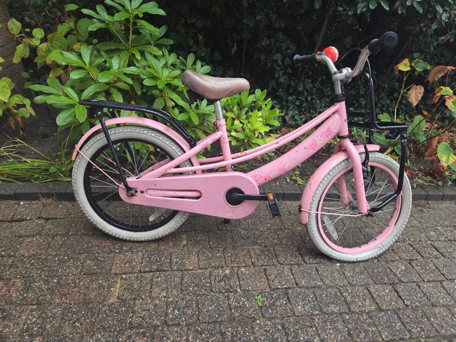Roze kinderfiets met bagagedrager, Ophalen, Gebruikt, Velgrem, 16 tot 20 inch