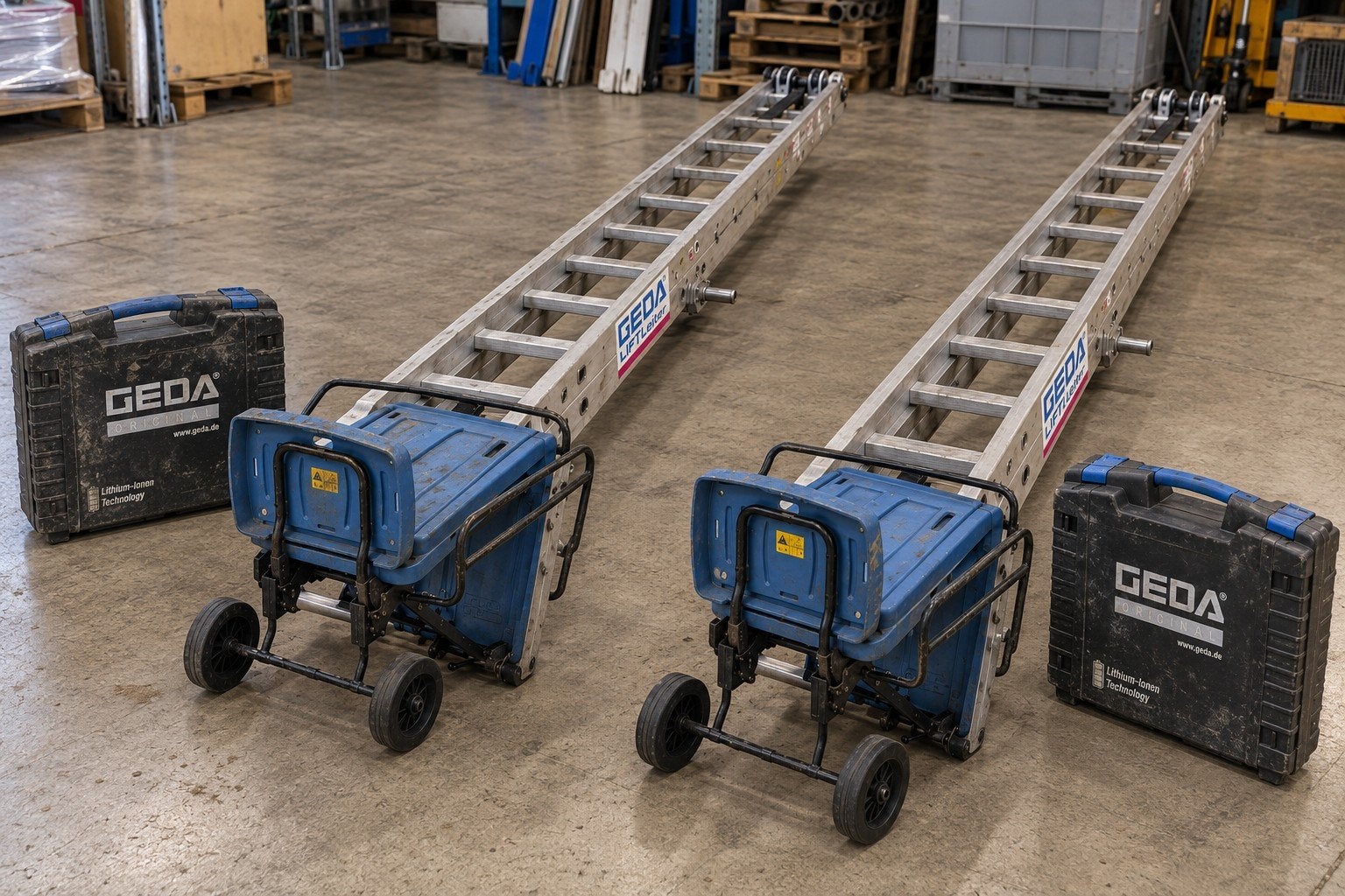 2x GEDA Accu Ladderlift – Compleet met plateau en accu – 10, Ophalen, Transportkar