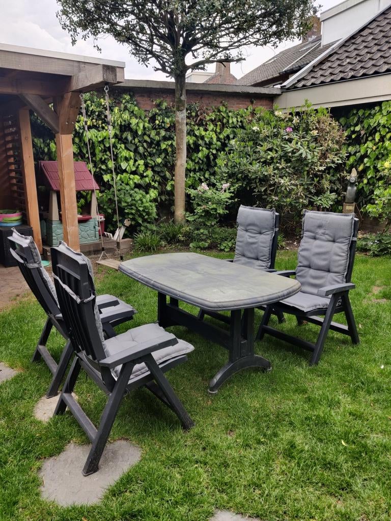 Tuinset groen, kunstof, met kussens, Ophalen, Gebruikt, Kunststof