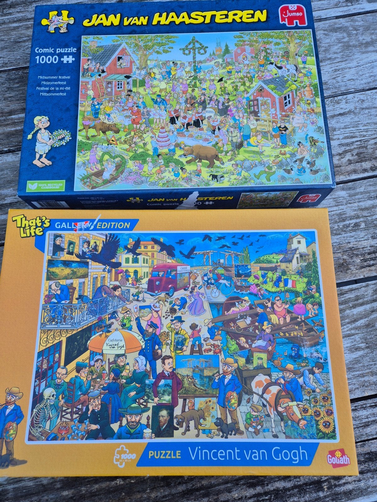 2 Legpuzzels: Jan van Haasteren & Vincent van Gogh, Ophalen of Verzenden, 500 t/m 1500 stukjes, Gebruikt, Legpuzzel