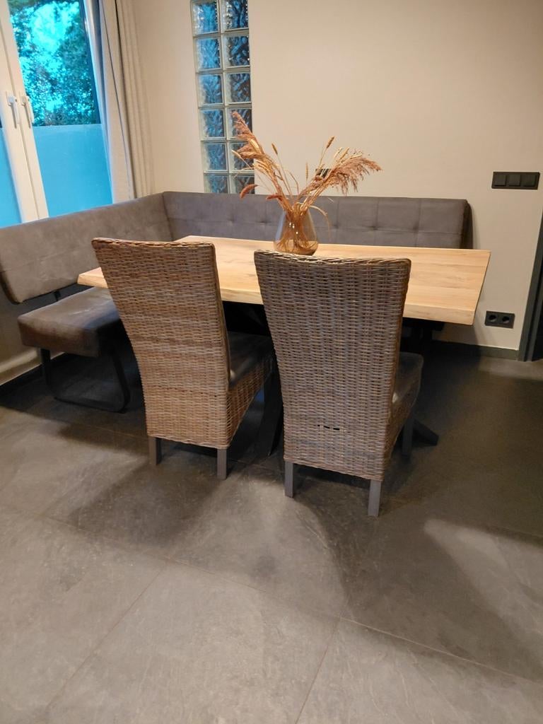 Complete Eethoek: Hoekbank, Eiken Tafel & 6 Grijze Stoelen, Ophalen, Gebruikt