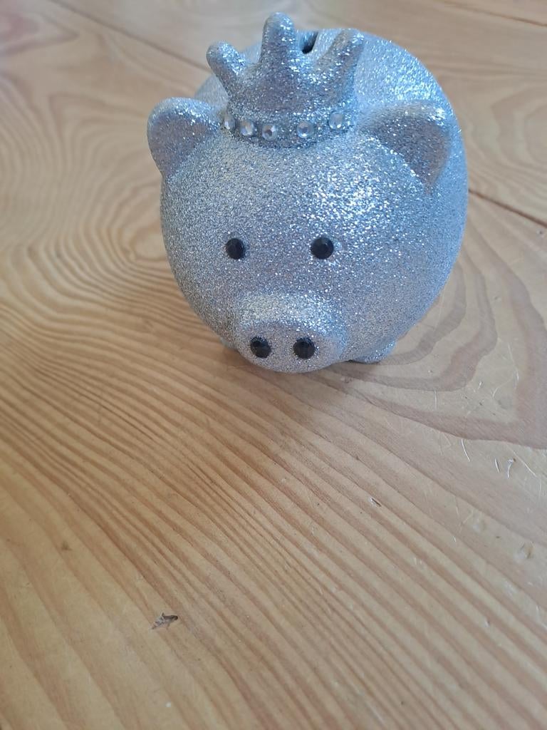 Glitter spaarvarken met kroon - Zilver, Verzamelen, Spaarpotten, Ophalen of Verzenden, Steen, Aardewerk of Keramiek, Dier