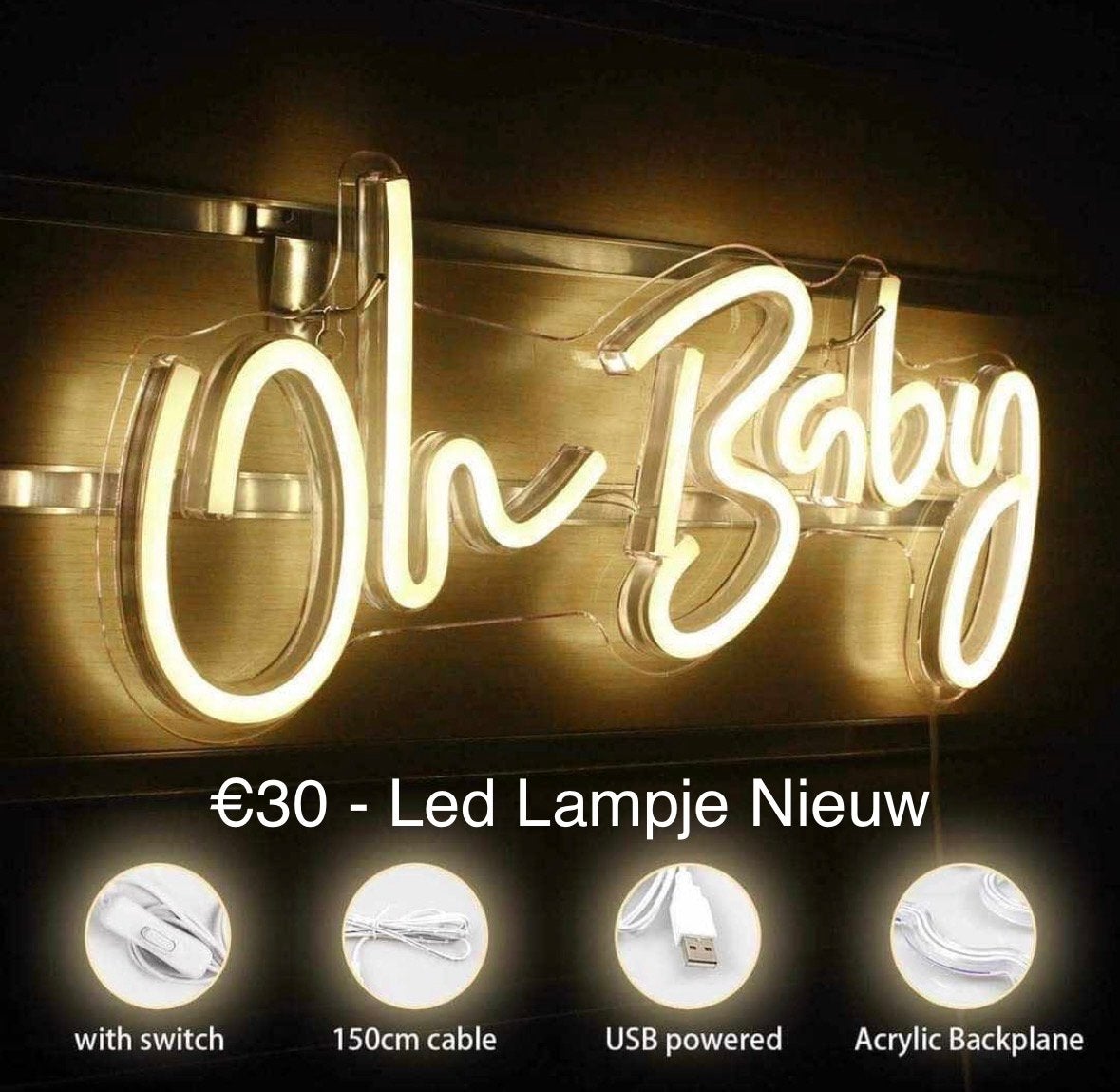 Neon LED Lamp 'Oh Baby' met USB en schakelaar, Met schakelaar, Wit, Kunststof, Nieuw