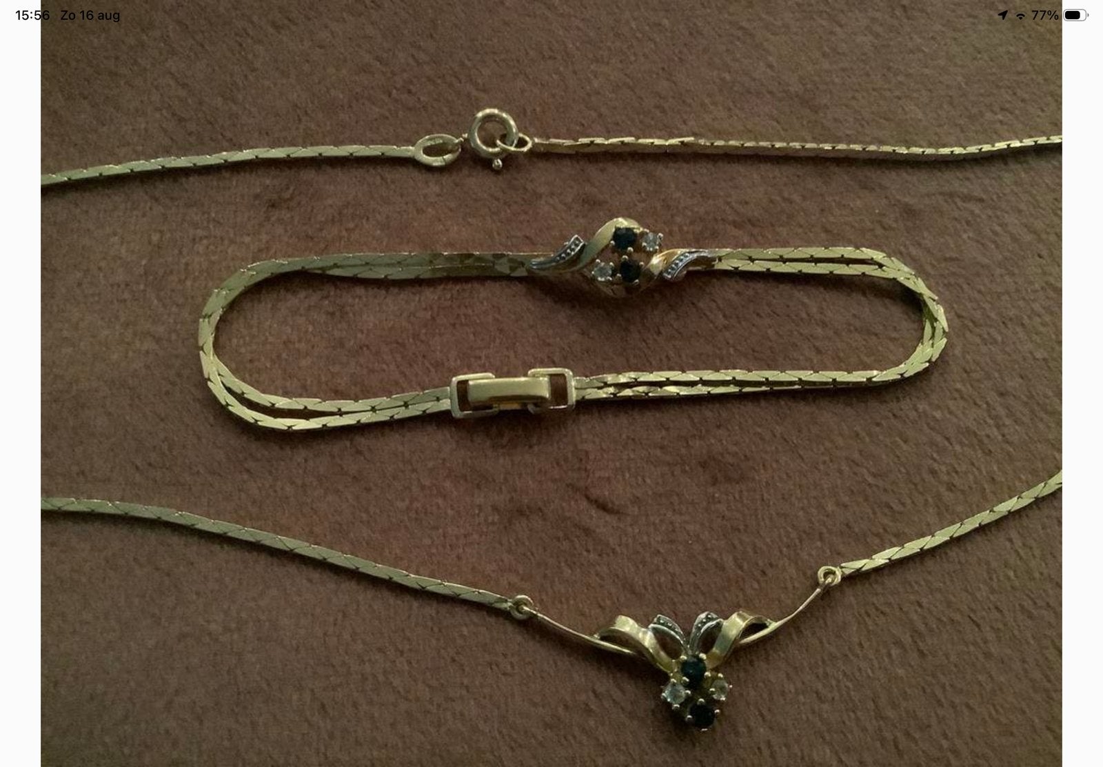Vintage set armband ketting Theodor Klotz Teka Saffier GP, Verzenden, Zo goed als nieuw, Met edelsteen, Goud