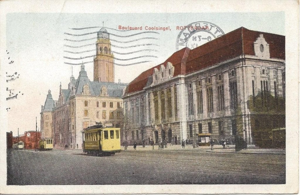 Rotterdam, Boulevard Coolsingel, Tram, gelopen 1925, Ophalen of Verzenden, 1920 tot 1940, Gelopen, Zuid-Holland