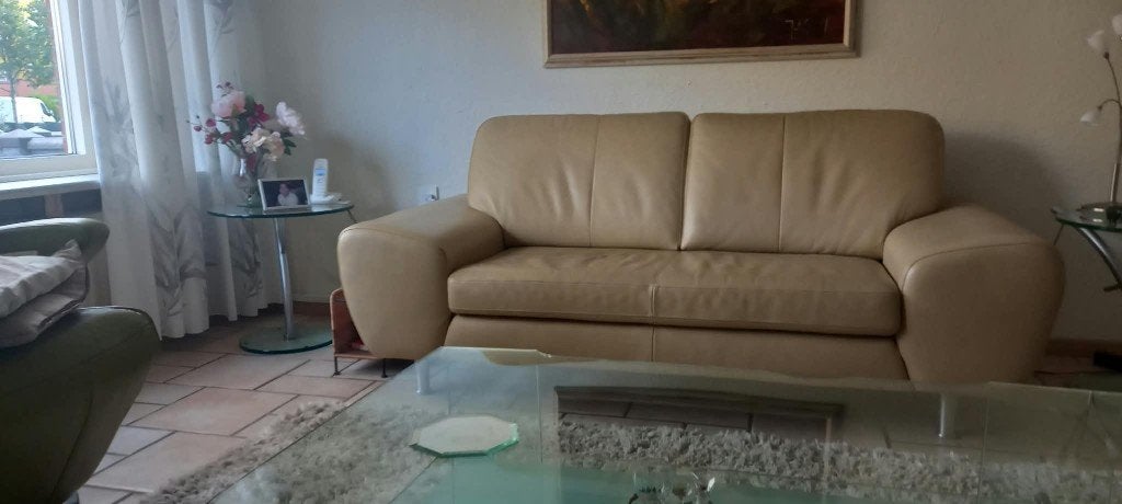2 zits bank beige, Huis en Inrichting, Ophalen, Gebruikt, Tweepersoons, Rechte bank