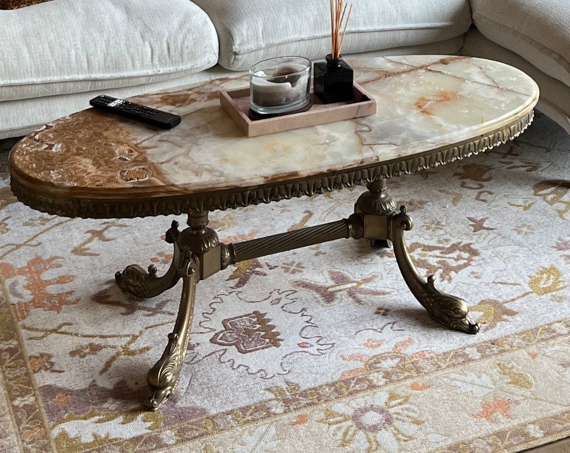Uniek! Vintage salontafel onyx marmer blad messing poten, Huis en Inrichting, Tafels | Salontafels, Ophalen, 100 tot 150 cm, 50 tot 100 cm