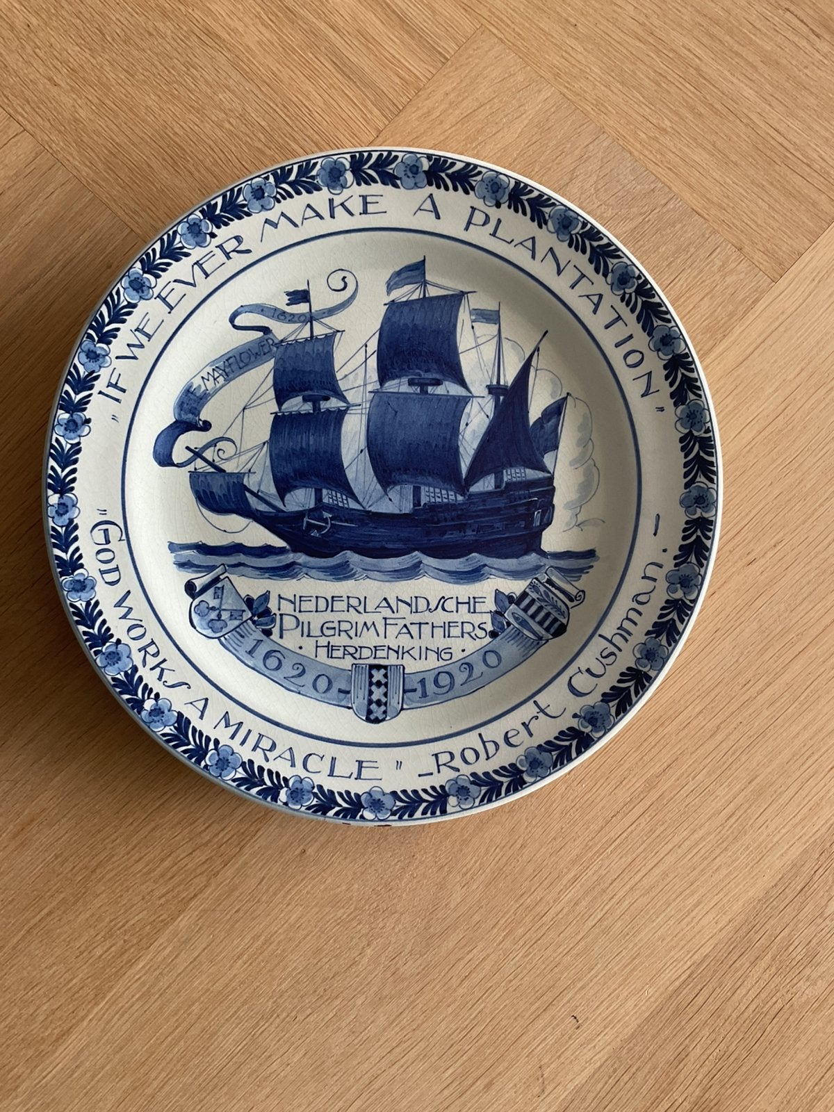 Antiek Delfts Blauw Herdenkingsbord Pilgrim Fathers., Ophalen of Verzenden