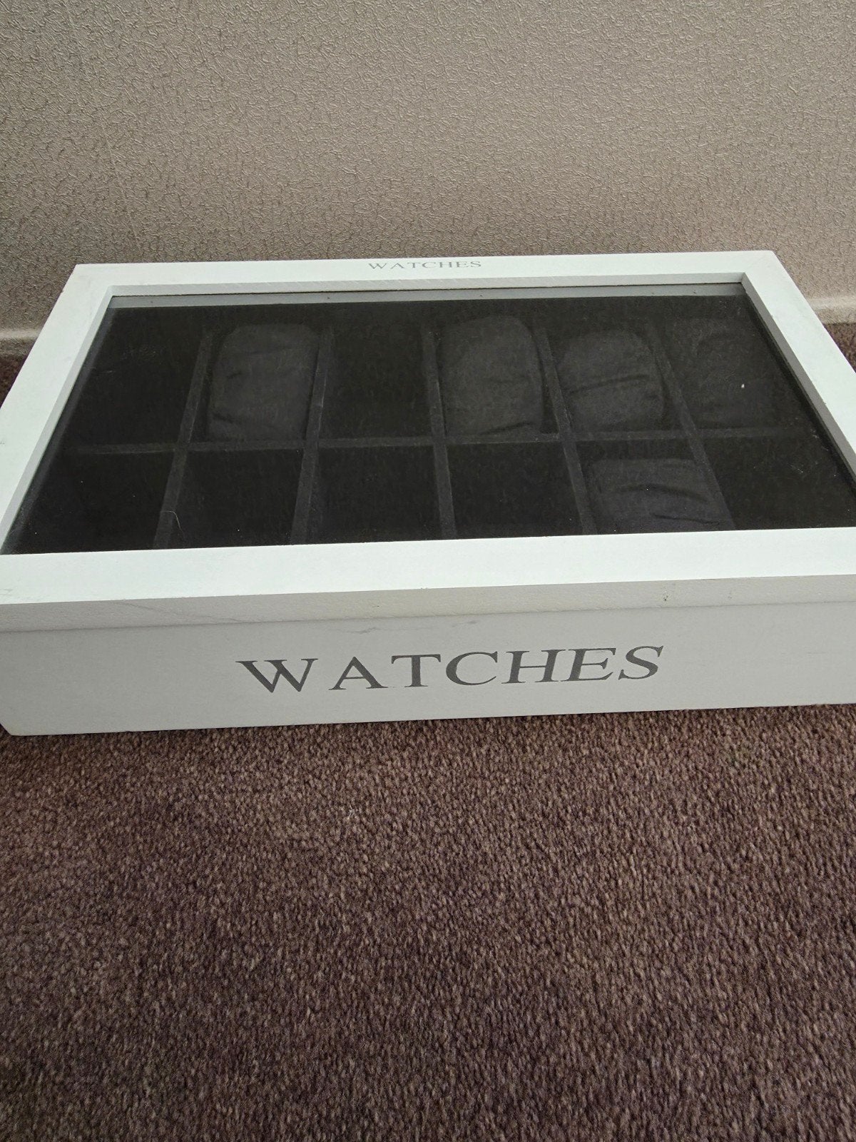 Witte horlogebox met glazen deksel voor 10 horloges, Ophalen of Verzenden, Gebruikt