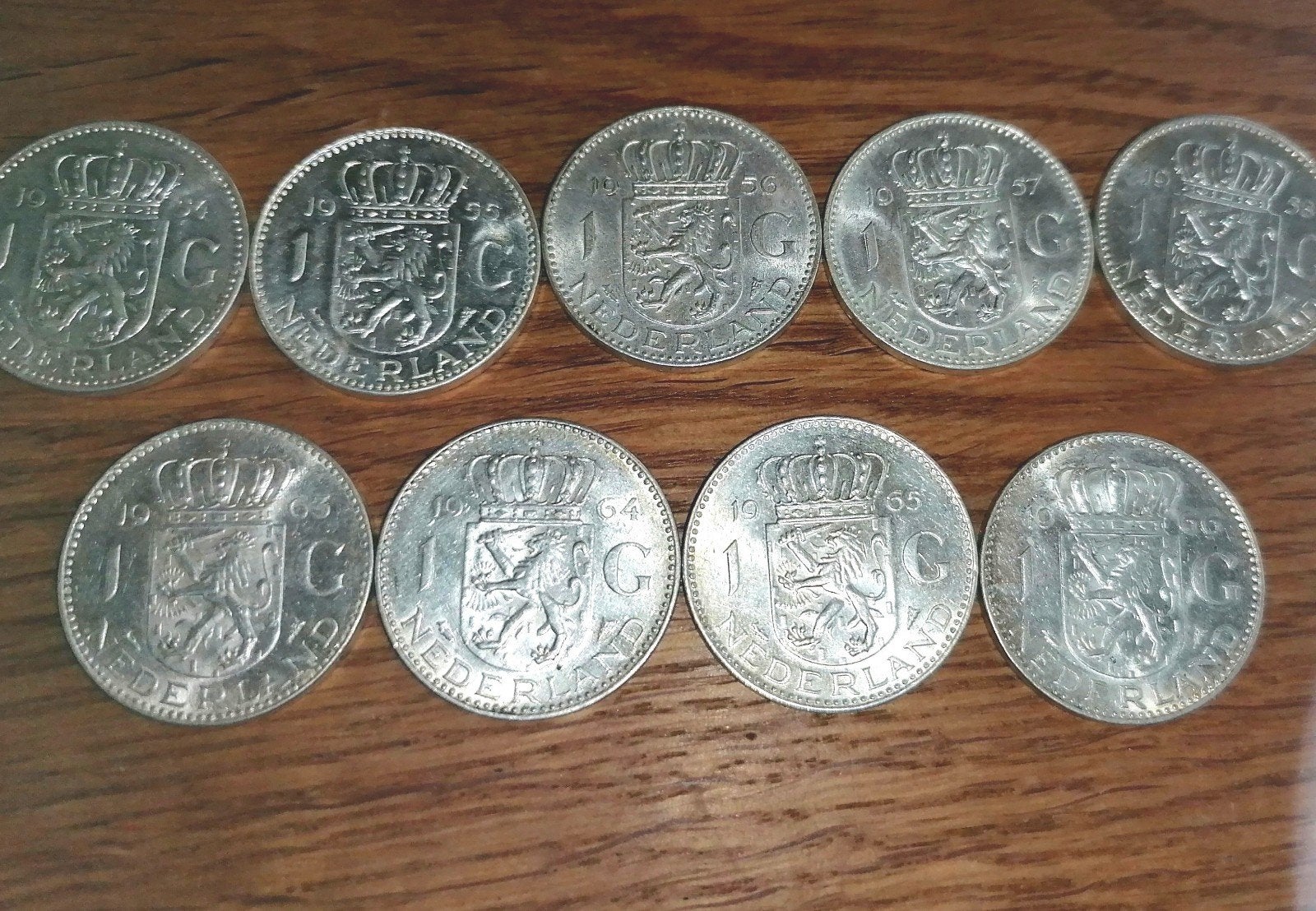 Complete set zilveren Juliana guldens 1954-1958 & 1963-1966, Postzegels en Munten, 1 gulden, Koningin Juliana, Setje, Zilver