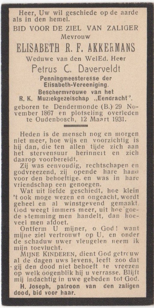 Elisabeth R.F. Akkermans 1867 Dendermonde + 1931 Oudenbosch, Verzamelen, Bidprentjes en Rouwkaarten, Verzenden