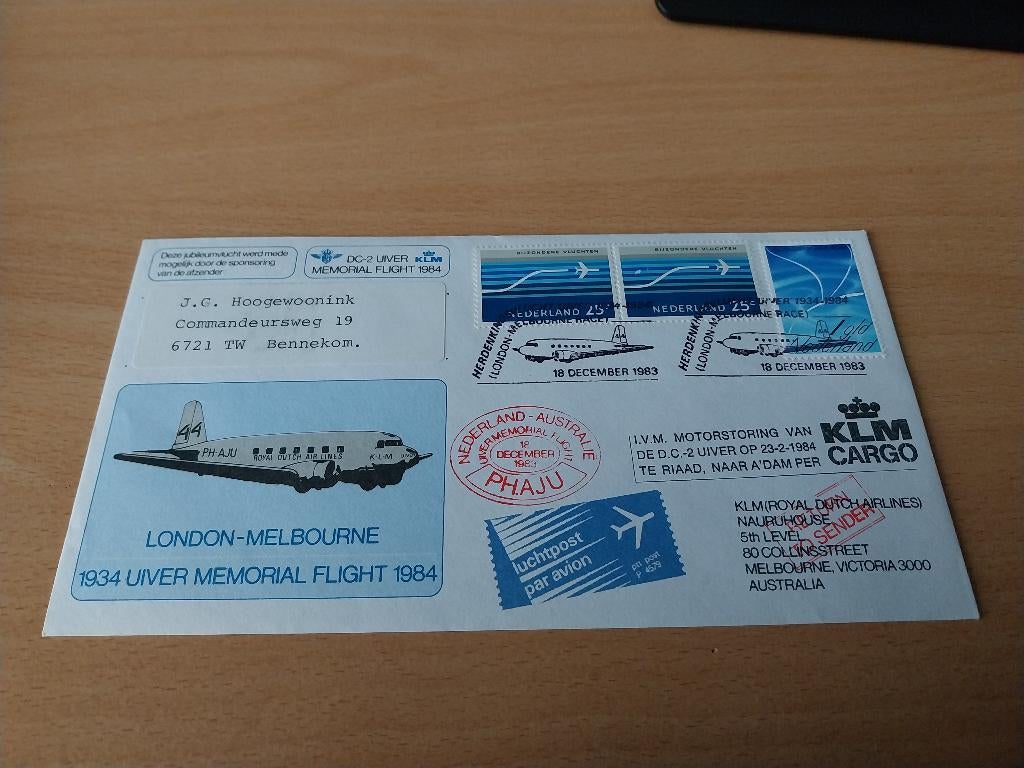 Mooie Eerste Dag 1983 KLM Londen Melbourne, Verzenden, Gestempeld, Vliegtuigen