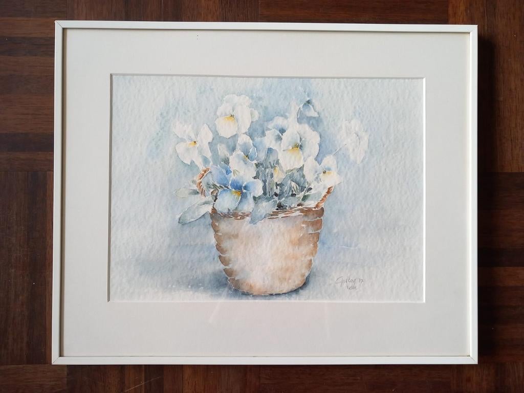 Orginele aquarel bloemen in pot met lijst 51 bij 4cm Geldrop, Ophalen