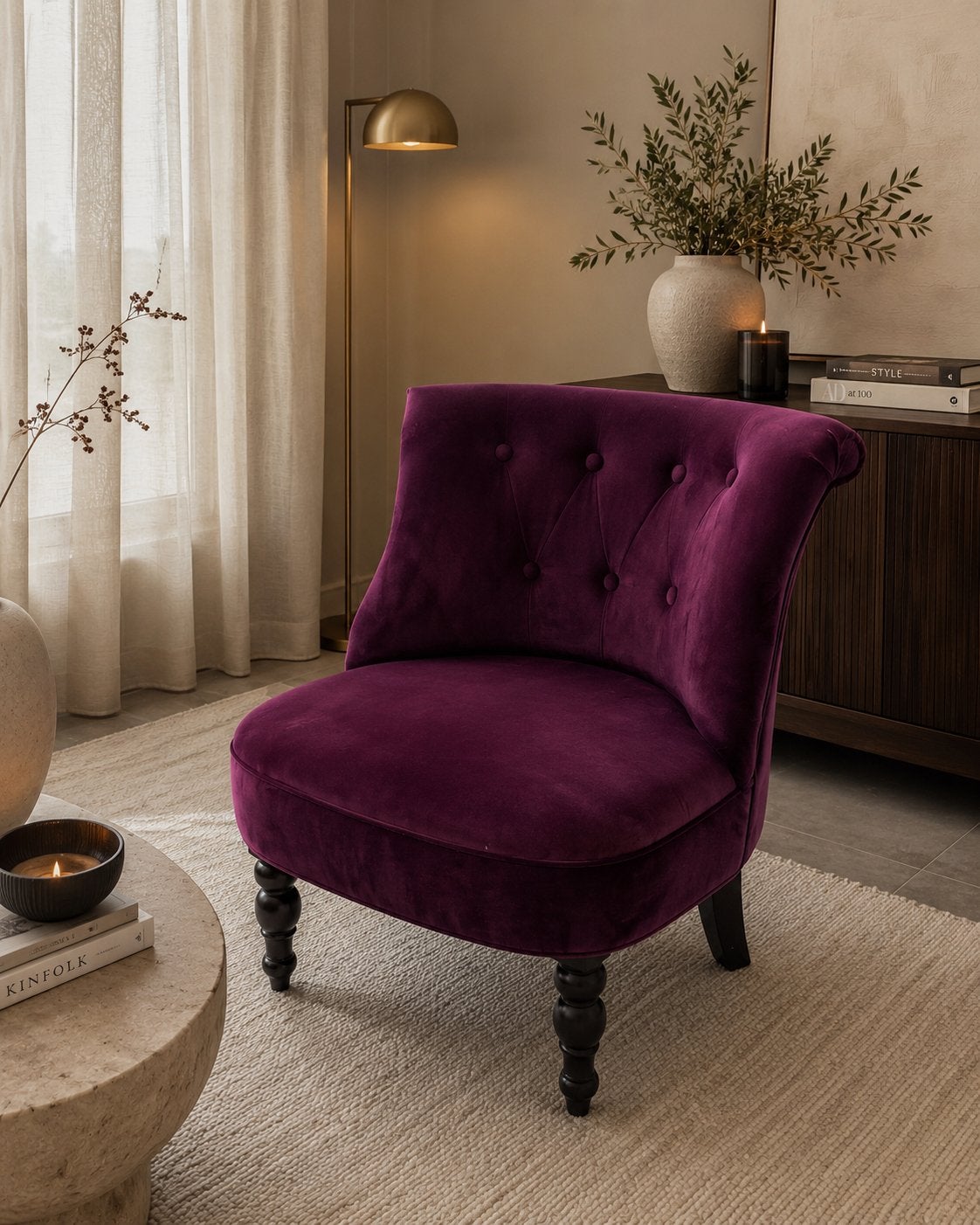 Chique aubergine paarse velvet fauteuil, Huis en Inrichting, Fauteuils, Ophalen, Gebruikt, 75 tot 100 cm, 50 tot 75 cm