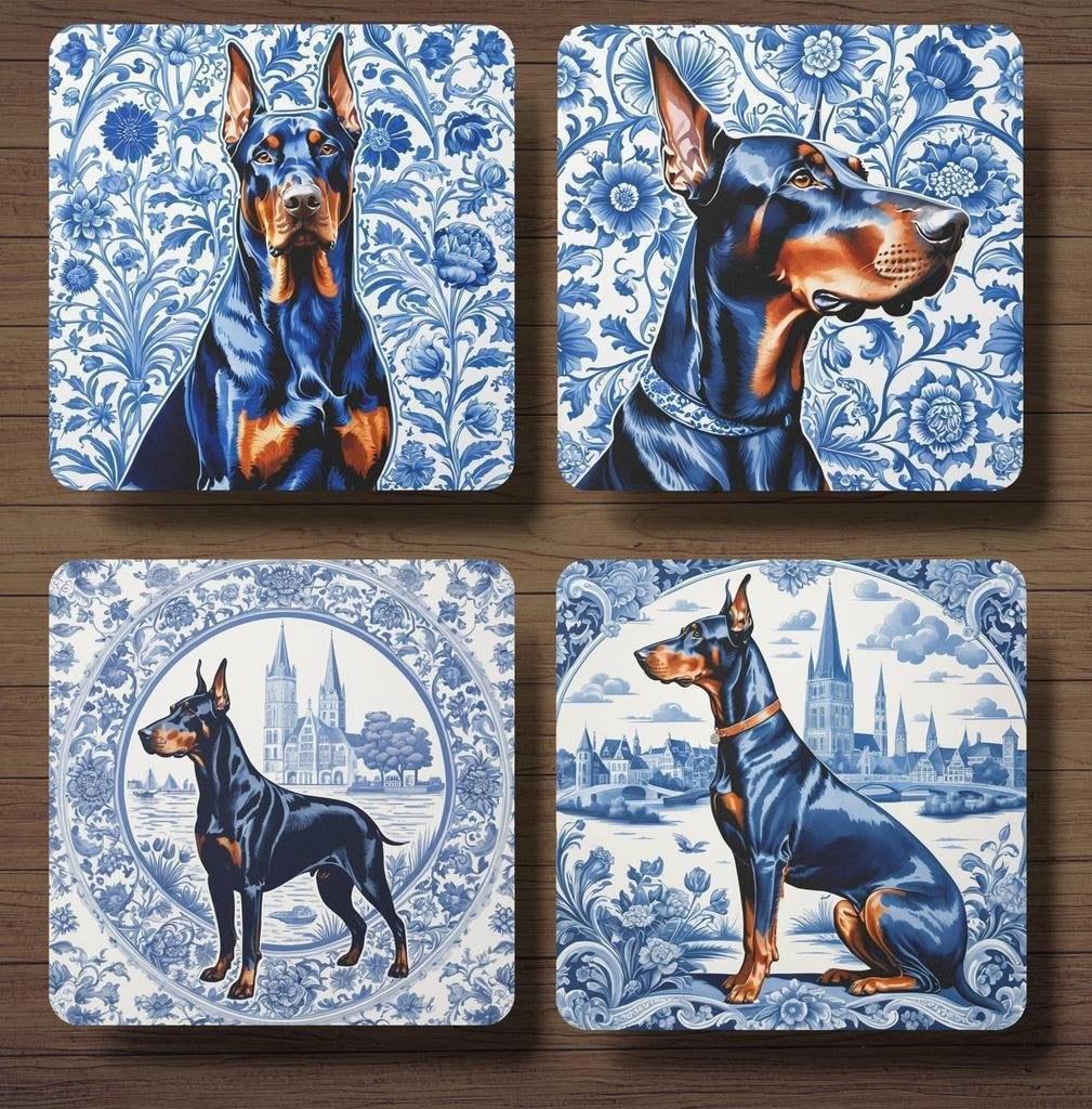 Dobermann Delfts Blauw onderzetters met houder, Ophalen of Verzenden, Nieuw