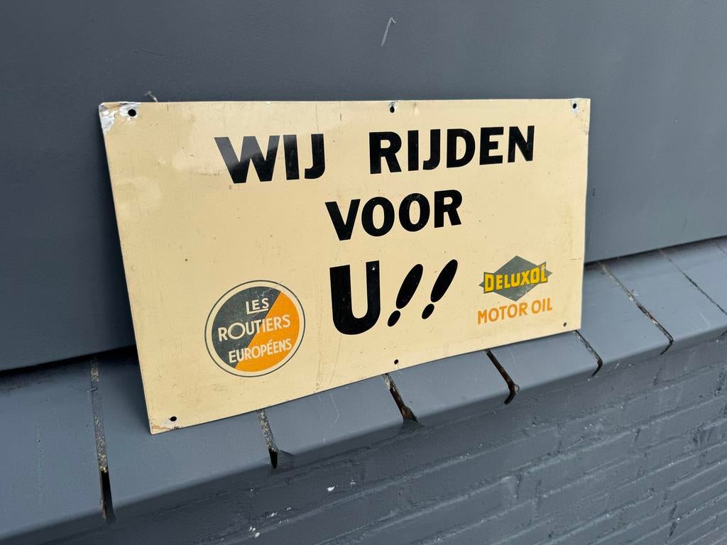 Vintage Reclamebord 'Wij Rijden Voor U!!' Deluxol, Reclamebord, Gebruikt, ., Ophalen of Verzenden