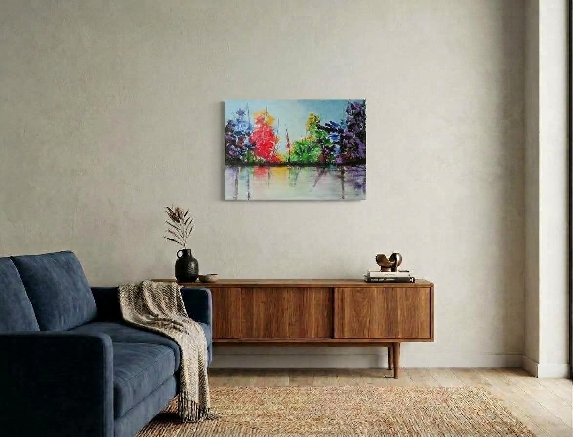 Handgeschilderd Kunstwerk: Kleurrijk Landschap 60x80cm, Antiek en Kunst, Ophalen