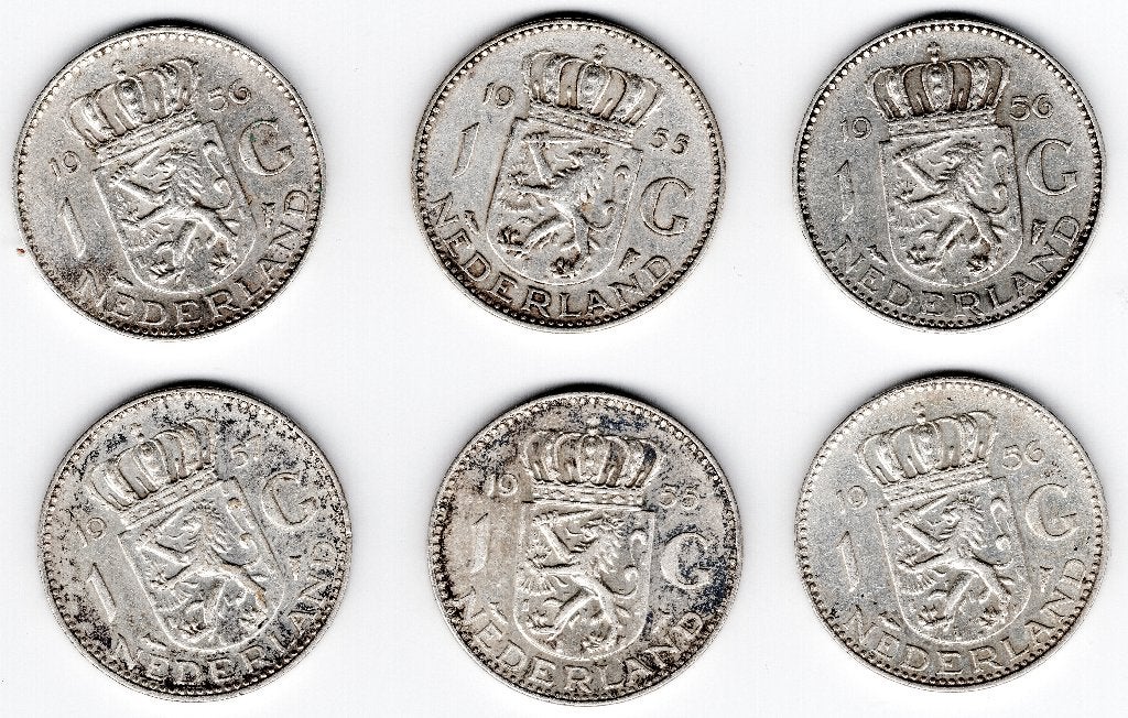 Nederland: 6 Juliana - guldens, zilver   >B, Postzegels en Munten, Munten | Nederland, 1 gulden, Koningin Juliana, Setje, Zilver