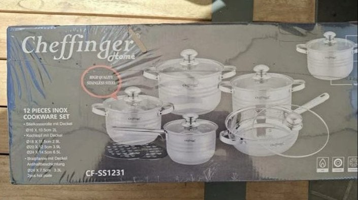 Cheffinger 12-delige RVS Pannenset - Nieuw in doos, Ophalen, Met deksel, Nieuw, Pannenset