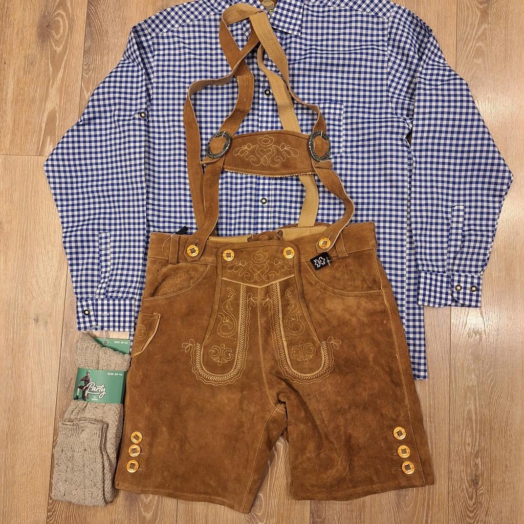 Lederhose 48 overhemd kousen oktoberfeest Tiroler, Ophalen, Zo goed als nieuw, Maat 48/50 (M)
