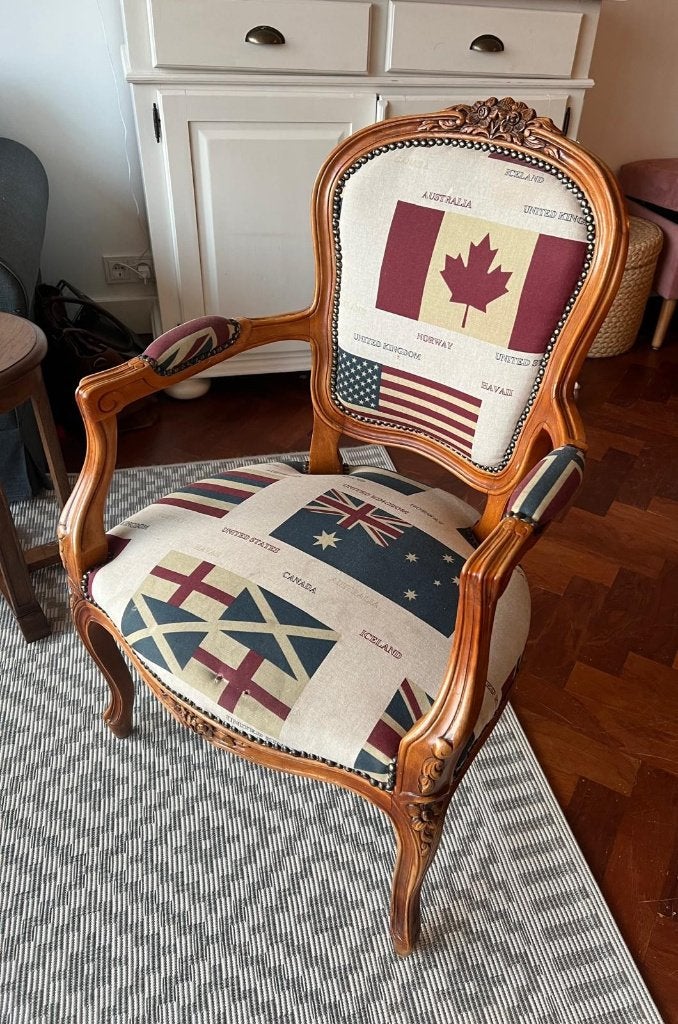 Klassieke kasteel Stoel / fauteuil met vlaggenprint, Ophalen, Gebruikt, Overige kleuren, Vintage