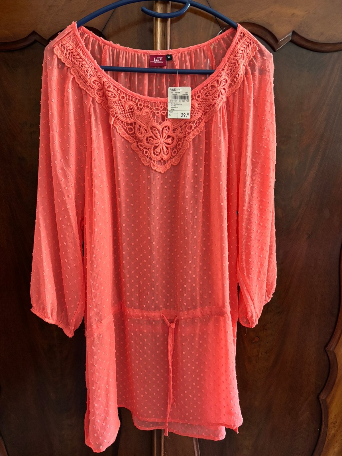 Nieuw Tuniek blouse Koraal XL met kant en ceintuurtje, Ophalen of Verzenden, Nieuw, Maat 46/48 (XL) of groter, Overige kleuren