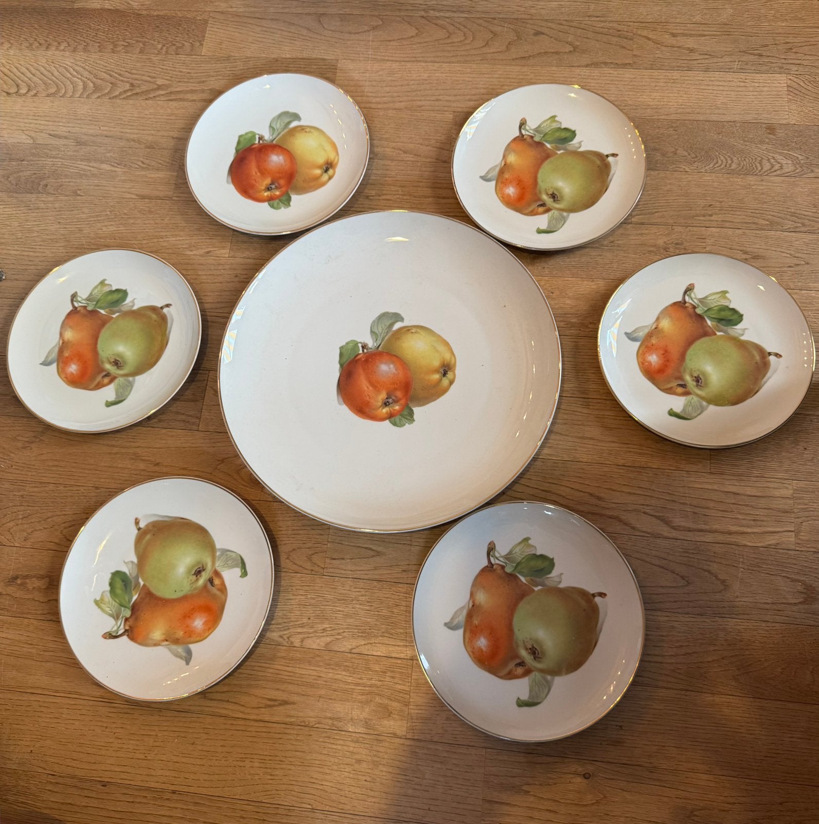 Prachtig 7-delig vintage gebakstel  (Fruitdecor & Goudrand), Ophalen of Verzenden
