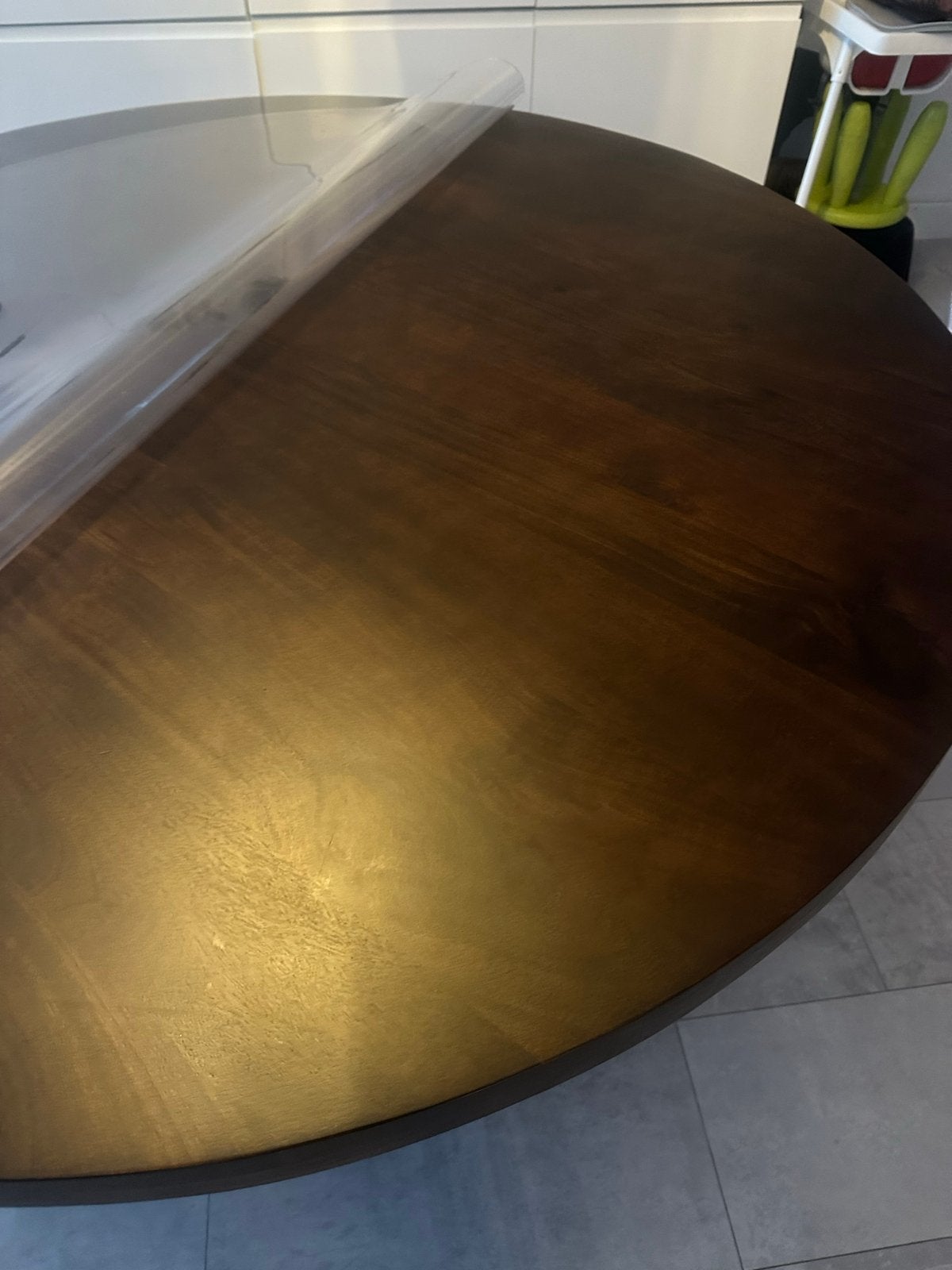 Ronde eettafel van donker echt hout, Ophalen, Gebruikt, 100 tot 150 cm, Rond