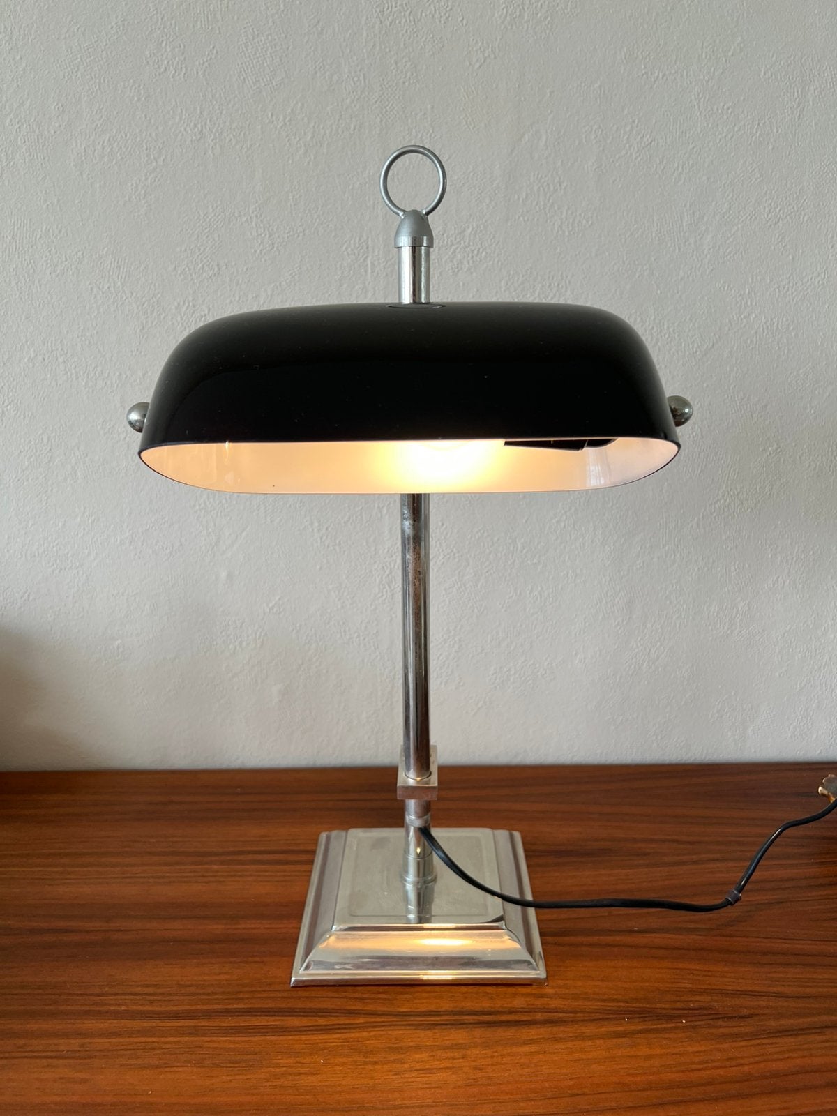 Vintage notaris tafellamp zwarte kap metalen/chroom voet, Ophalen, Zo goed als nieuw