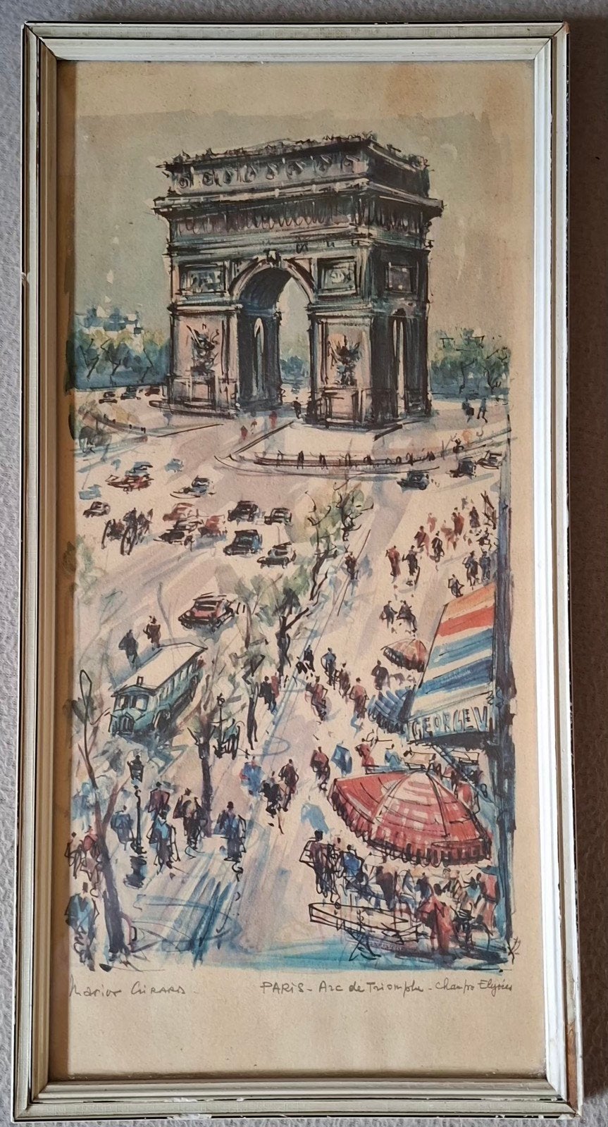 Vintage aquarel Parijs Arc de Triomphe Champs-Élysées, Ophalen of Verzenden, Tekening, Aquarel, Ingelijst