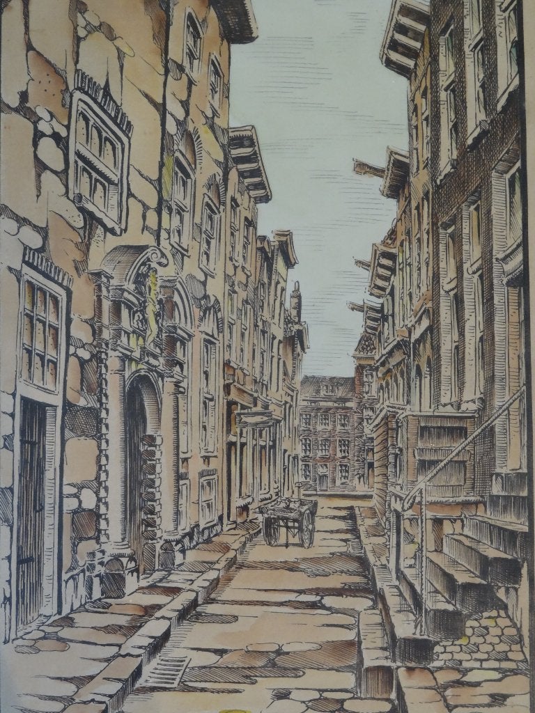 ingekleurde litho straat Wijnkopersgildehuis Amsterdam Wiard, Antiek en Kunst, Kunst | Litho's en Zeefdrukken, Watermerk, Verzenden