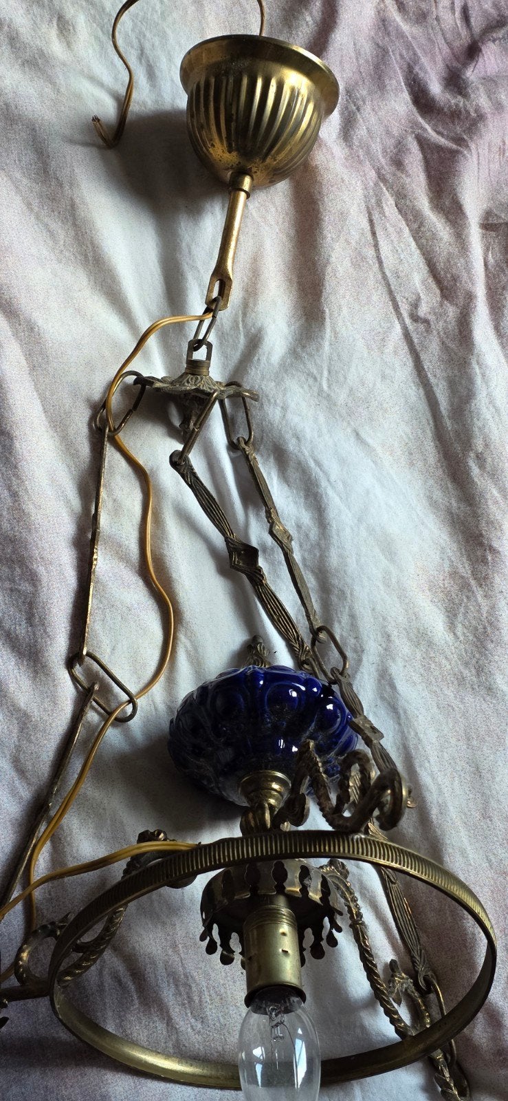 Vintage messing hanglamp met blauw keramiek detail, Ophalen