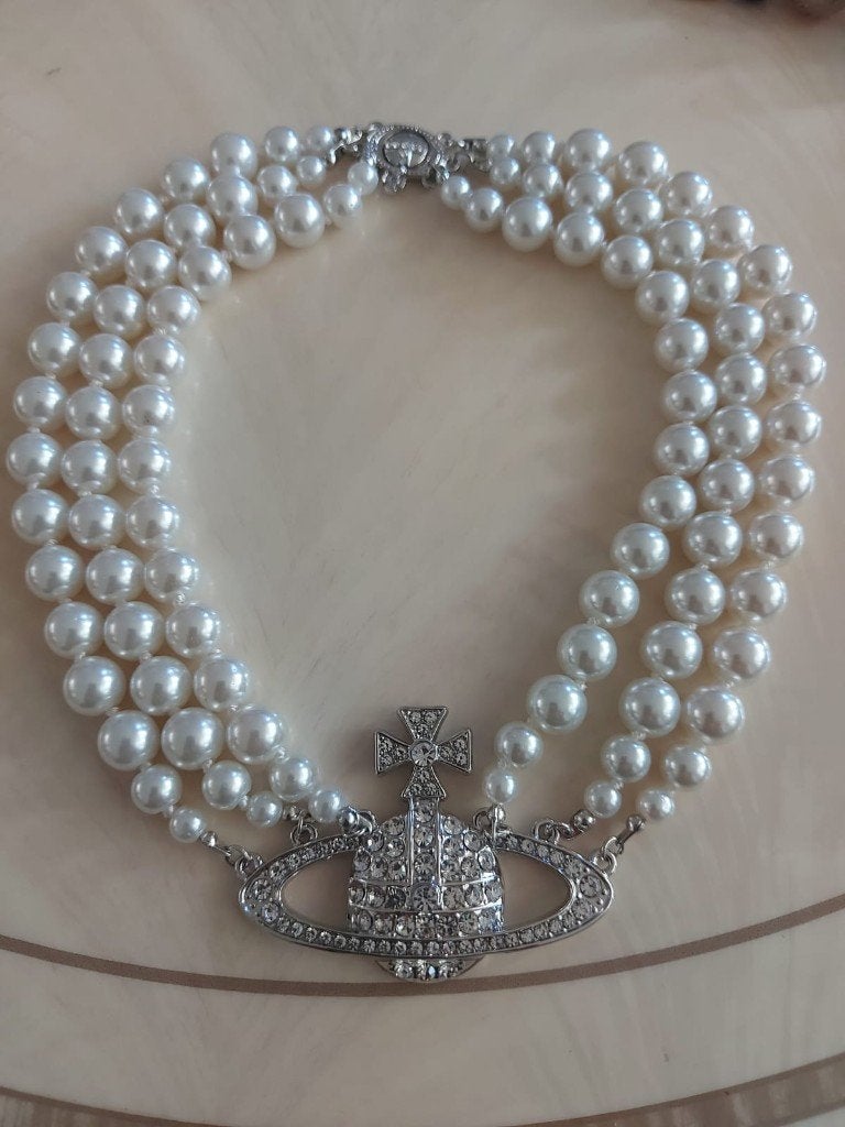 Vivienne Westwood stijl parelketting met strass, Sieraden, Tassen en Uiterlijk, Kettingen, Overige materialen, Verzenden, Wit