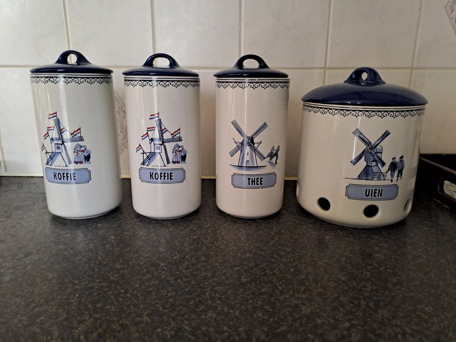 Set van 4 oud hollandse Voorraadpotten: Koffie, Thee, Uien, Antiek en Kunst, Ophalen
