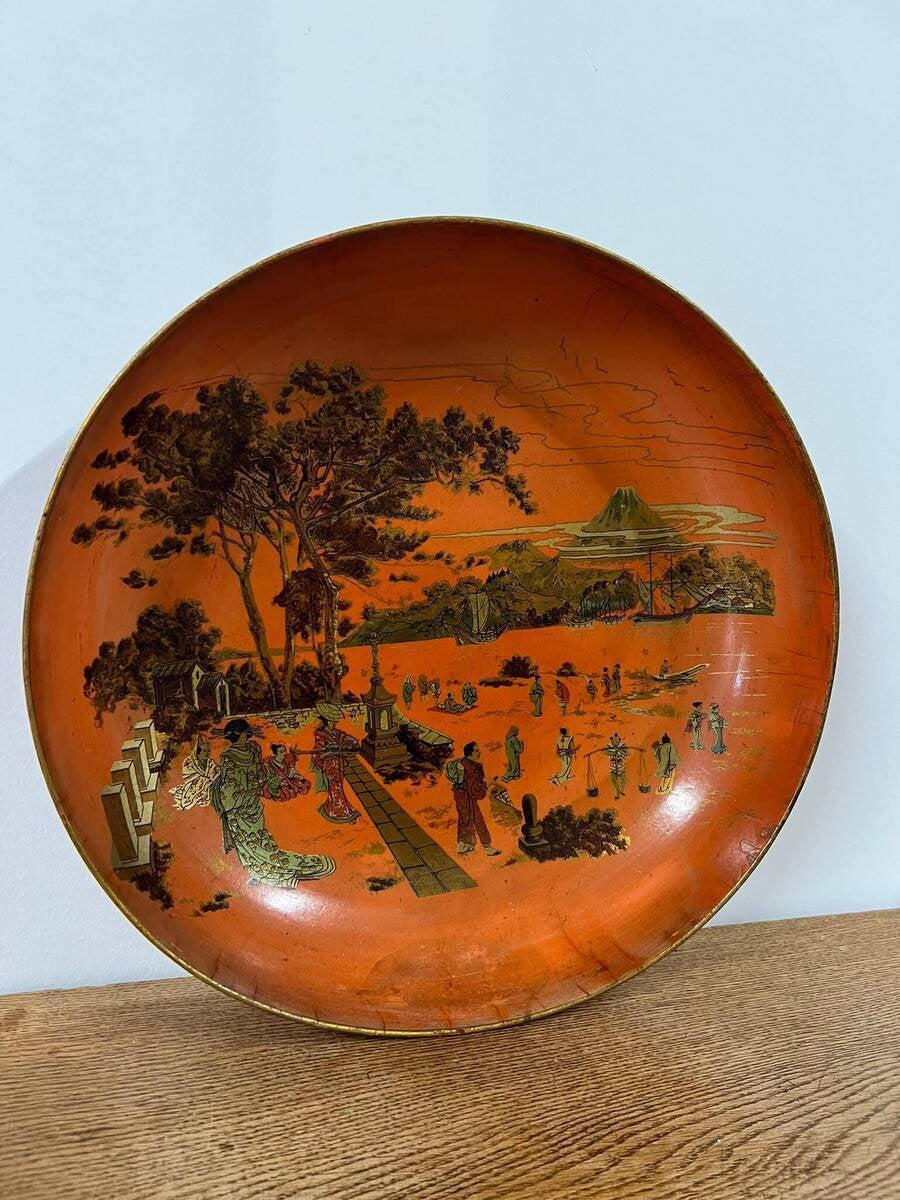 Kavel 367 - Antiek Japans lakwerk bord met Fuji en geisha., Ophalen of Verzenden