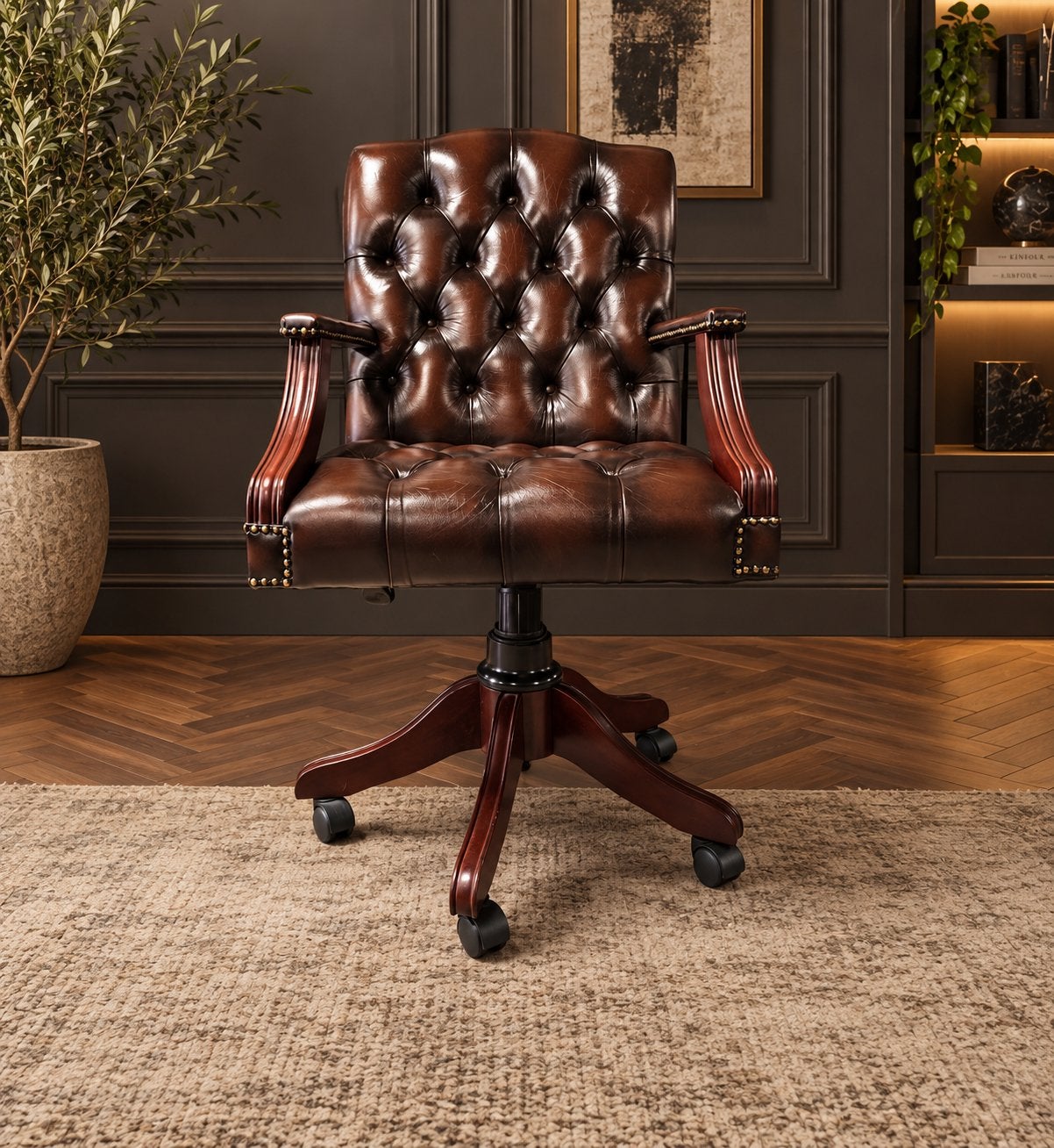 Luxe Chesterfield Lederen Bureaustoel!!!, Huis en Inrichting, Ophalen of Verzenden, Bruin