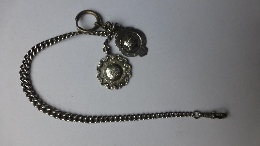 Antieke massief Zilveren Horlogeketting met Fob Medailles, Verzenden, Zilver, Ring