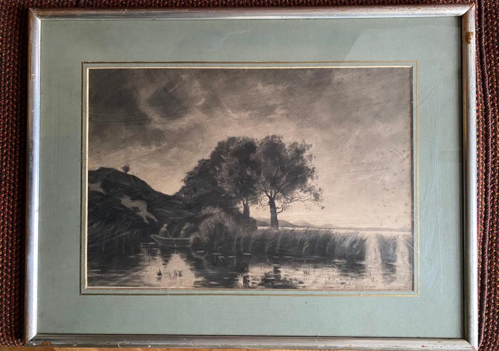 Krijttekening van een landschap met meer en roeiboot, Antiek en Kunst, Ophalen of Verzenden