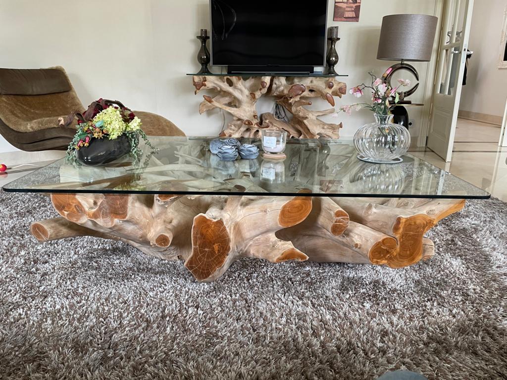 Unieke Teakhouten Salontafel met Glazen Blad, Ophalen, 100 tot 150 cm, Teakhout, Zo goed als nieuw