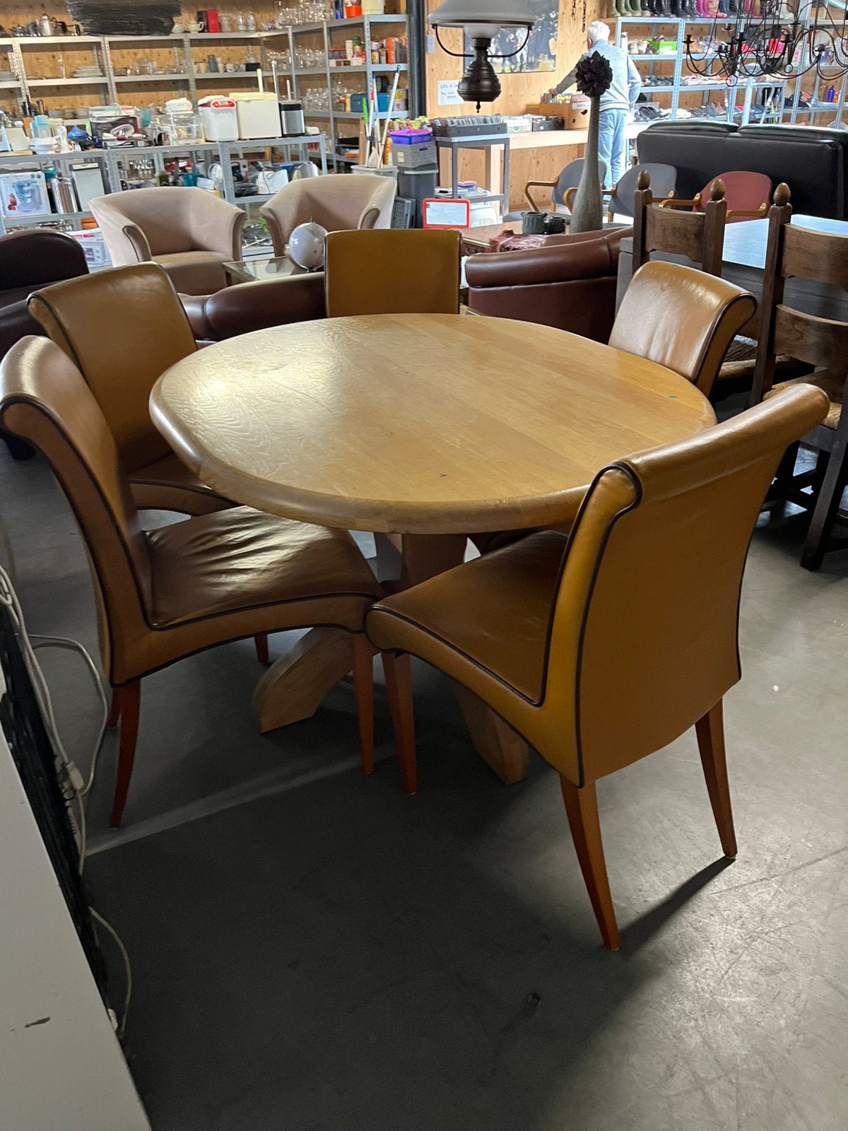 5 cognackleurige , leren, eetkamerstoelen, Antiek en Kunst, Ophalen