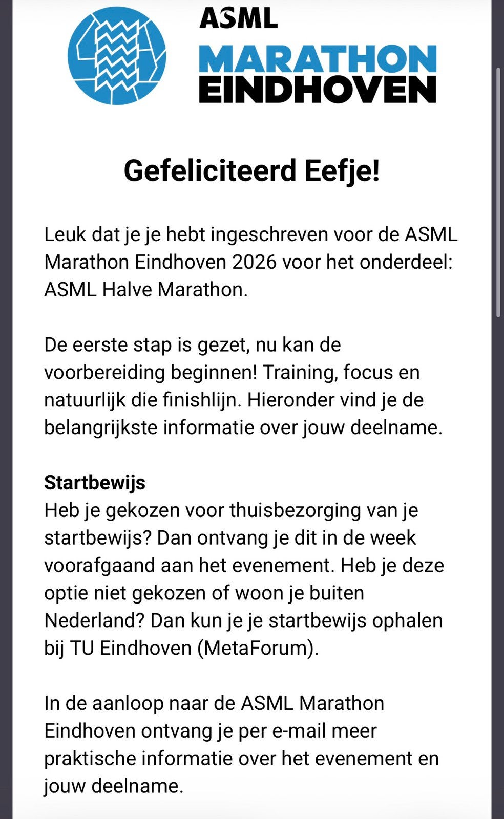 Halve marathon eindhoven startbewijs, Eén persoon