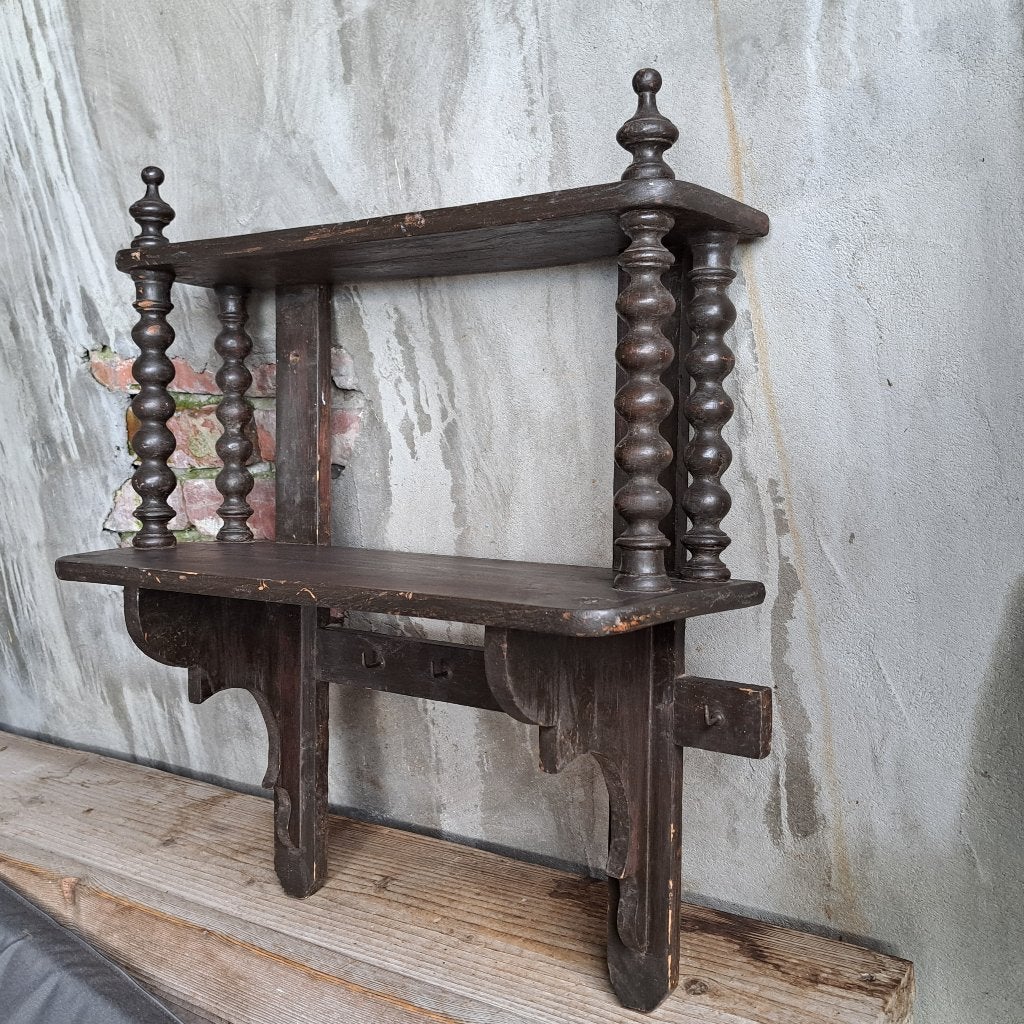 Brocante oud houten schap rek regaal 5 haakjes *Etage3*, Gebruikt, ., Ophalen of Verzenden, .
