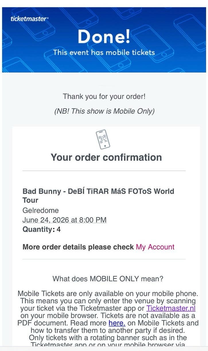 2 Tickets Bad Bunny 26.06 Arnhem Gelredome Zitplaatsen, Twee personen, Juni